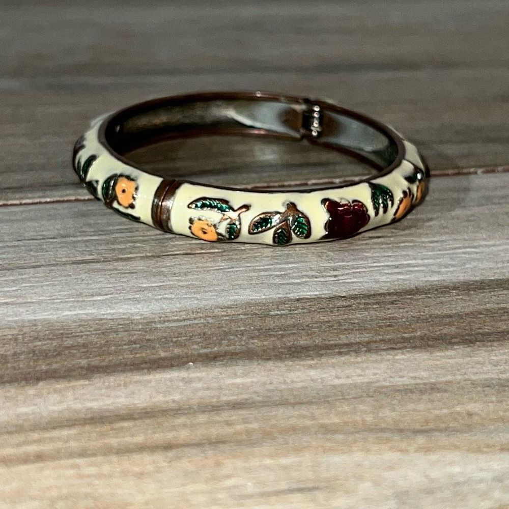 Floral Cloisonné Hinged Bracelet Womens Cream And Multi Colored Cottagecore Boho - Picture 4 of 8